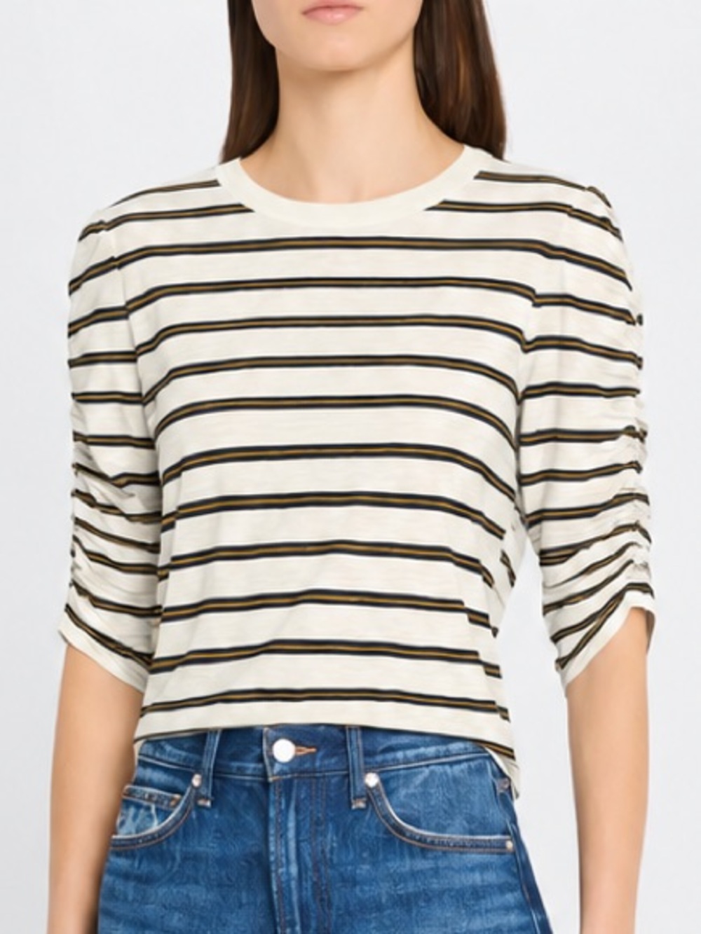 Veronica Beard Waldorf Stripe Ruched-Sleeve Tee